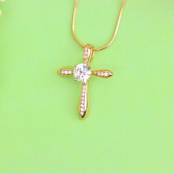 "Elegant Cross Pendant with Center Solitaire in Rose Gold Finish, XPPT1828 - Picture 3 of 13